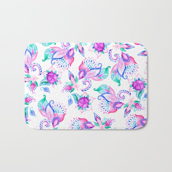 Modern pink turquoise hand painted floral paisley pattern illustration Bath Mat
