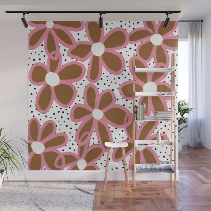 70s Groovy Flowers in Tan Brown and Pink Wall Mural