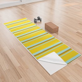[ Thumbnail: Dark Goldenrod, Turquoise & Yellow Colored Striped/Lined Pattern Yoga Towel ]
