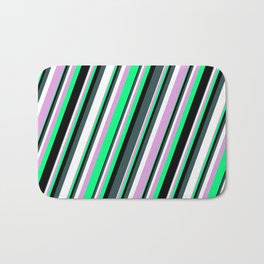 [ Thumbnail: Plum, Green, Black, Dark Slate Gray & White Colored Striped/Lined Pattern Bath Mat ]