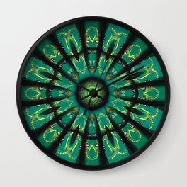 The mandala is a green-yellow sun with long rays, a round center and yellow curls at the corners. Wall Clock