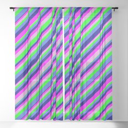 [ Thumbnail: Eyecatching Royal Blue, Blue, Fuchsia, Plum, and Lime Colored Lined/Striped Pattern Sheer Curtain ]