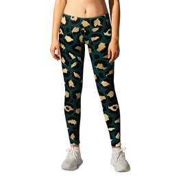 Teal and Gold Leopard Print Pattern 03 Leggings