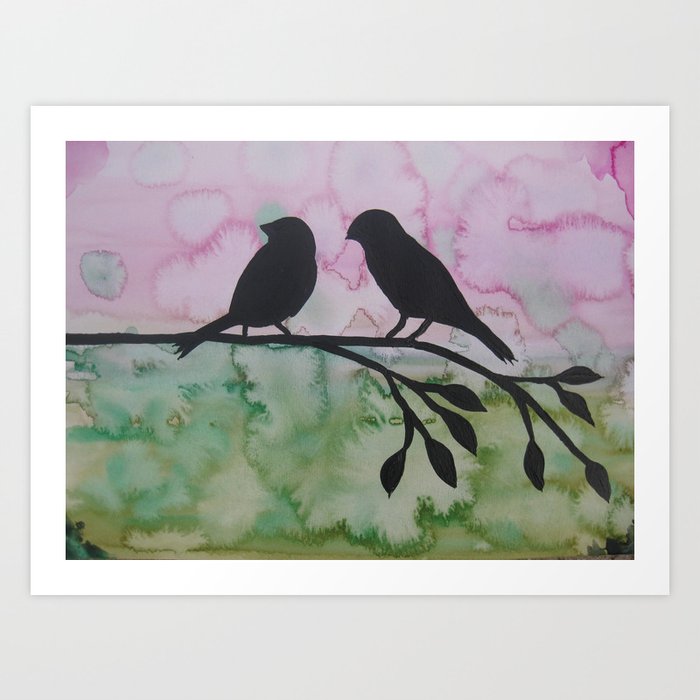 Two Birds With Branch Watercolor And Acrylic Painting Art Print