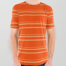 [ Thumbnail: Red and Brown Colored Lines Pattern All Over Graphic Tee ]