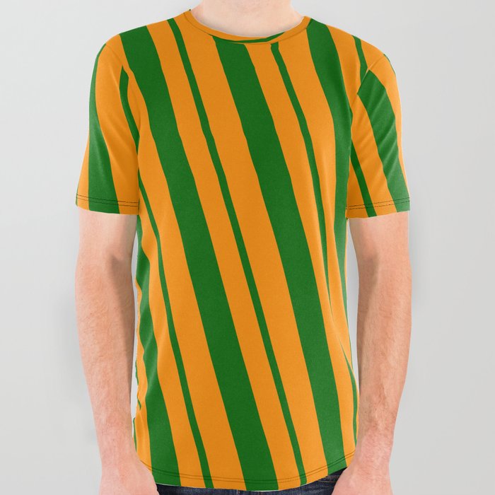 Dark Orange & Dark Green Colored Striped/Lined Pattern All Over Graphic Tee