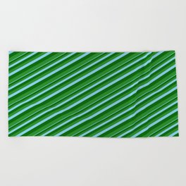 [ Thumbnail: Sky Blue, Dark Green, and Forest Green Colored Lined Pattern Beach Towel ]