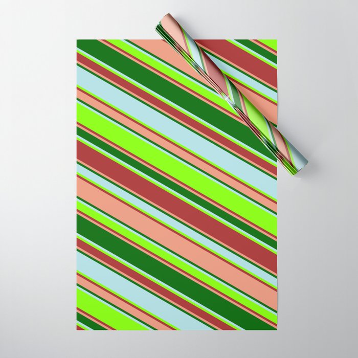 Vibrant Powder Blue, Chartreuse, Brown, Dark Salmon & Dark Green Colored Lined/Striped Pattern Wrapping Paper