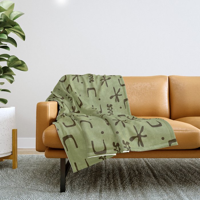 Organic Hieroglyph Abstract Pattern in Sage Avocado Green Throw Blanket