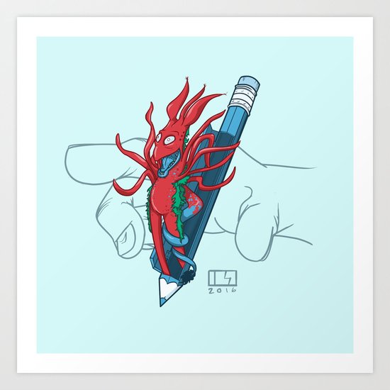 Blue Pencil Monster Art Print