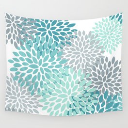Floral Pattern, Aqua, Teal, Turquoise and Gray Wall Tapestry