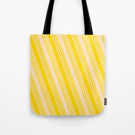 [ Thumbnail: Bisque & Yellow Colored Lined/Striped Pattern Tote Bag ]