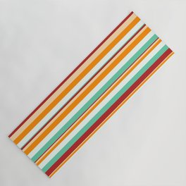 [ Thumbnail: Eye-catching Mint Cream, Aquamarine, Red, Tan & Dark Orange Colored Striped Pattern Yoga Mat ]
