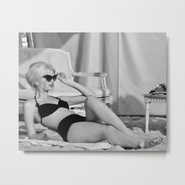 Brigitte Bardot in a bikini bathing suit Cannes, France, French Riviera black and white photography - photograph - photographs Metal Print