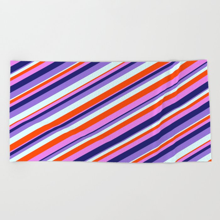 Colorful Red, Violet, Midnight Blue, Purple, and Light Cyan Colored Lined Pattern Beach Towel