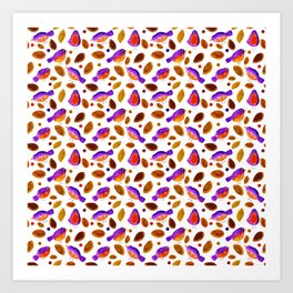 Birds and leaves - purple and brown Art Print