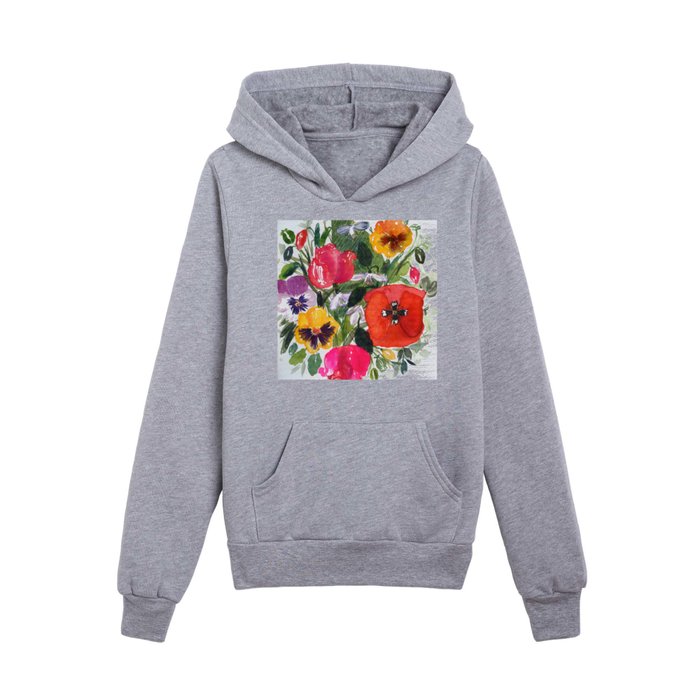 watercolor flowers: poppy, pansy, tulip Kids Pullover Hoodie