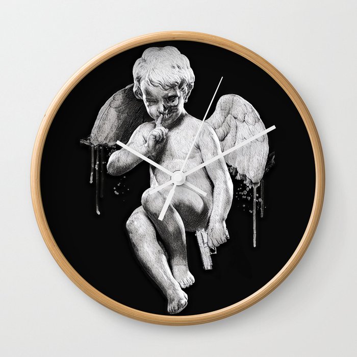 Dark angel illustration. Skull Tattoo Design. Black and white textile graphic. Vintage poster art. Wall Clock