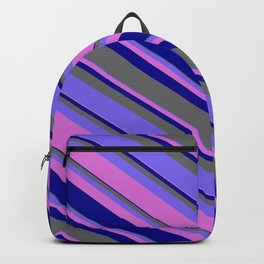 [ Thumbnail: Medium Slate Blue, Orchid, Dark Blue & Dim Grey Colored Stripes/Lines Pattern Backpack ]
