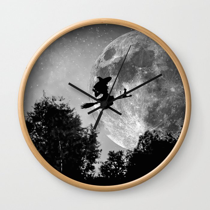 Flying witch | Moon witch | Witch cat | Witch broom | Halloween Wall Clock