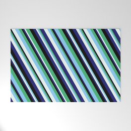 [ Thumbnail: Eye-catching Sea Green, Light Sky Blue, Mint Cream, Midnight Blue, and Black Colored Lined Pattern Welcome Mat ]
