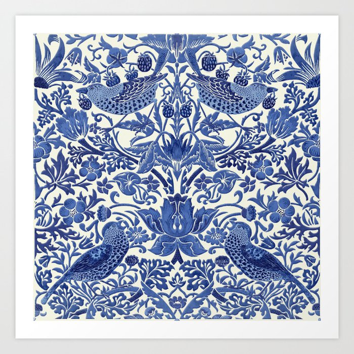 William Morris Strawberry Thief Blue & White Pattern Art Print