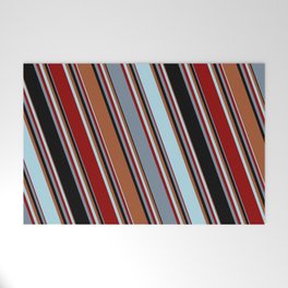 [ Thumbnail: Sienna, Light Blue, Dark Red, Light Slate Gray, and Black Colored Pattern of Stripes Welcome Mat ]