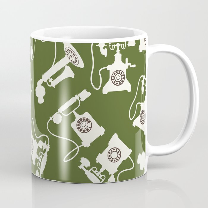 Vintage Rotary Dial Telephone Pattern on Olive Green Coffee Mug