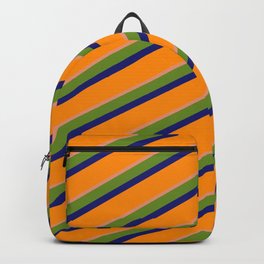 [ Thumbnail: Green, Midnight Blue, Dark Orange & Dark Salmon Colored Lines/Stripes Pattern Backpack ]