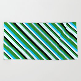 [ Thumbnail: Forest Green, Deep Sky Blue, Light Cyan & Black Colored Stripes/Lines Pattern Beach Towel ]