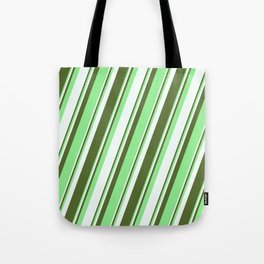 [ Thumbnail: Dark Olive Green, Light Green, and Mint Cream Colored Lines Pattern Tote Bag ]