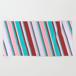 [ Thumbnail: Dark Turquoise, Light Pink, Lavender & Brown Colored Lines Pattern Beach Towel ]