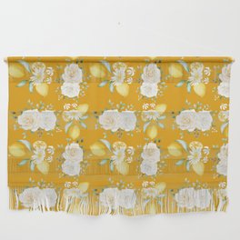 Lemons and White Flowers Pattern On Mustard Background Wall Hanging