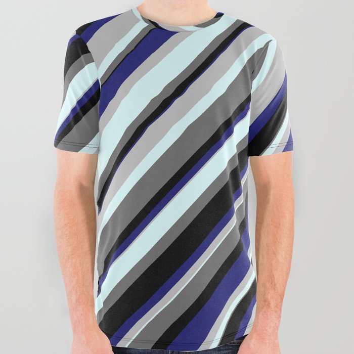 Vibrant Grey, Light Cyan, Dim Grey, Black, and Midnight Blue Colored Striped/Lined Pattern All Over Graphic Tee
