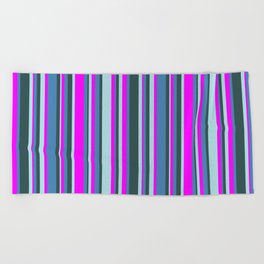 [ Thumbnail: Fuchsia, Blue, Dark Slate Gray, and Powder Blue Colored Lines/Stripes Pattern Beach Towel ]
