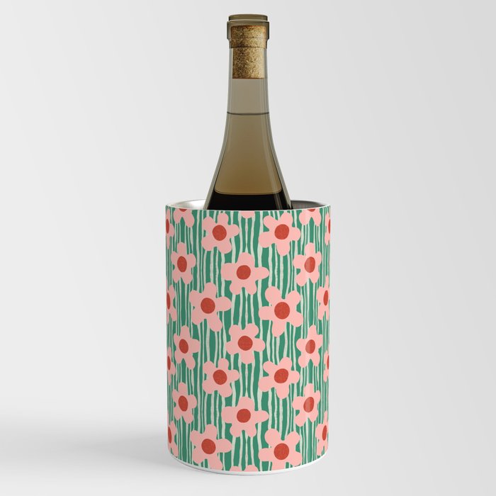 Mod Pink Flowers on Green Wine Chiller
