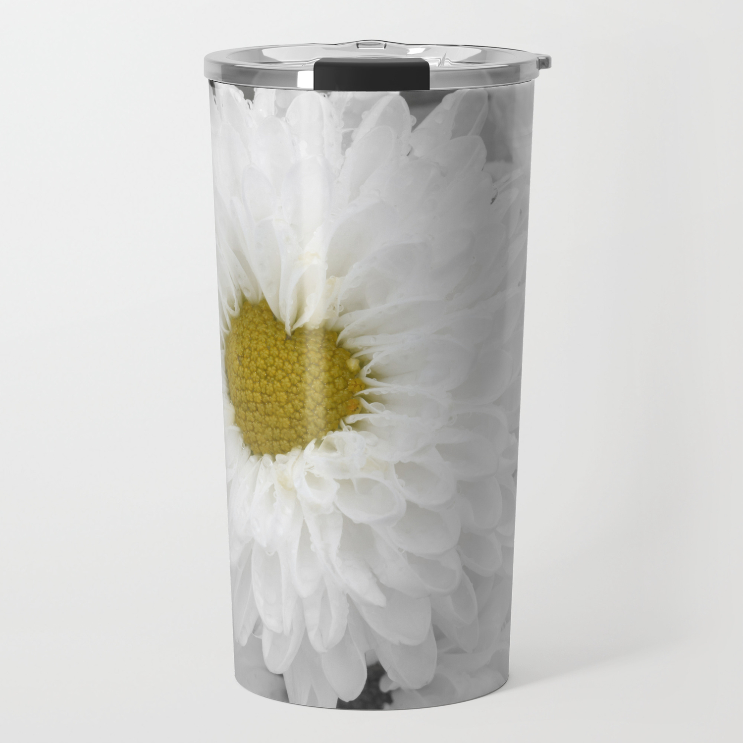 Blooming White Chrysanthemum Flower With Heart Shaped Center Selective Color Travel Mug