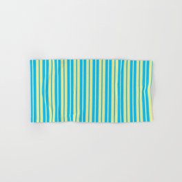[ Thumbnail: Deep Sky Blue & Tan Colored Lined/Striped Pattern Hand & Bath Towel ]
