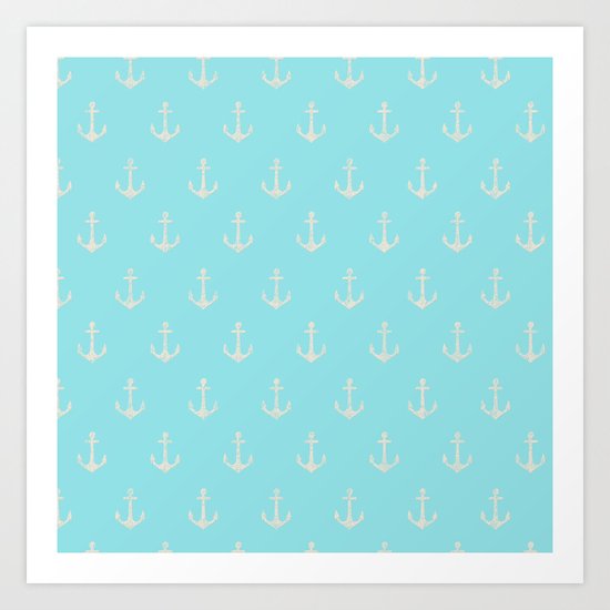 Maritime Aqua and White Anchor Pattern on #Society6 Art Print