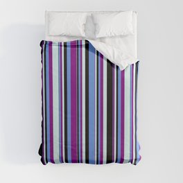 [ Thumbnail: Cornflower Blue, Purple, Light Cyan, and Black Colored Stripes Pattern Duvet Cover ]