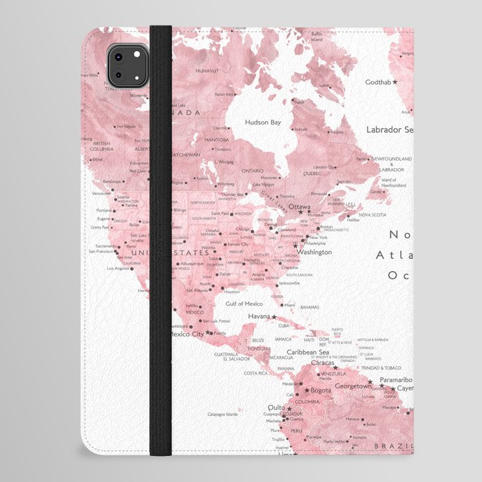 Light pink, muted pink and dusty pink watercolor world map with cities iPad Folio Case