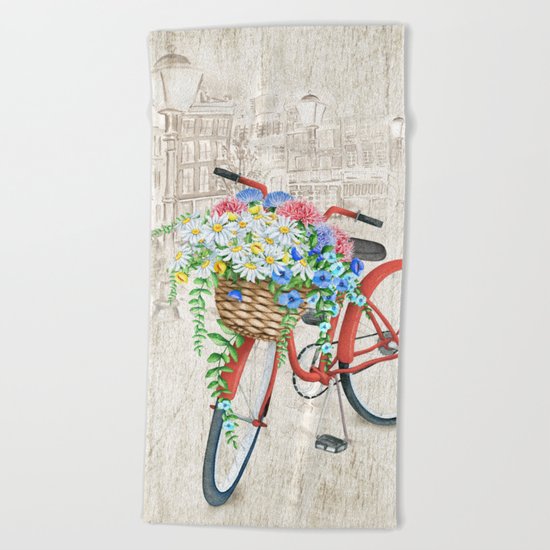 Red bike & white daisy Beach Towel