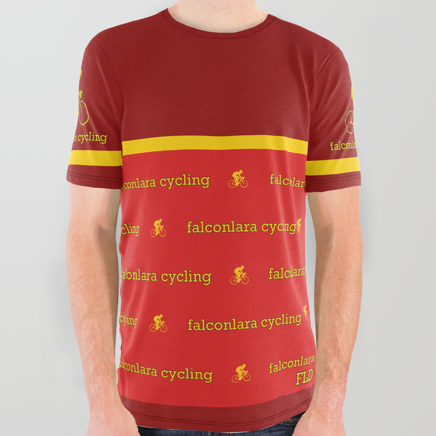 red and yellow graphic tee