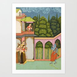 Krishna Approaches Radha - 17th Century Classical Hindu Art Art Print