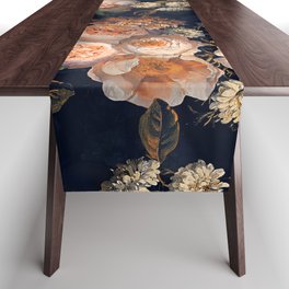 Antique Botanical Peach Roses And Chamomile Midnight Garden Table Runner