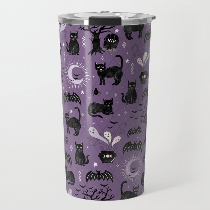 Black cats and bats, witchy things, halloween on purple Travel Mug