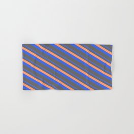 [ Thumbnail: Light Salmon, Royal Blue & Dim Gray Colored Pattern of Stripes Hand & Bath Towel ]