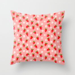 Strawberry Pattern- Pink Background Throw Pillow