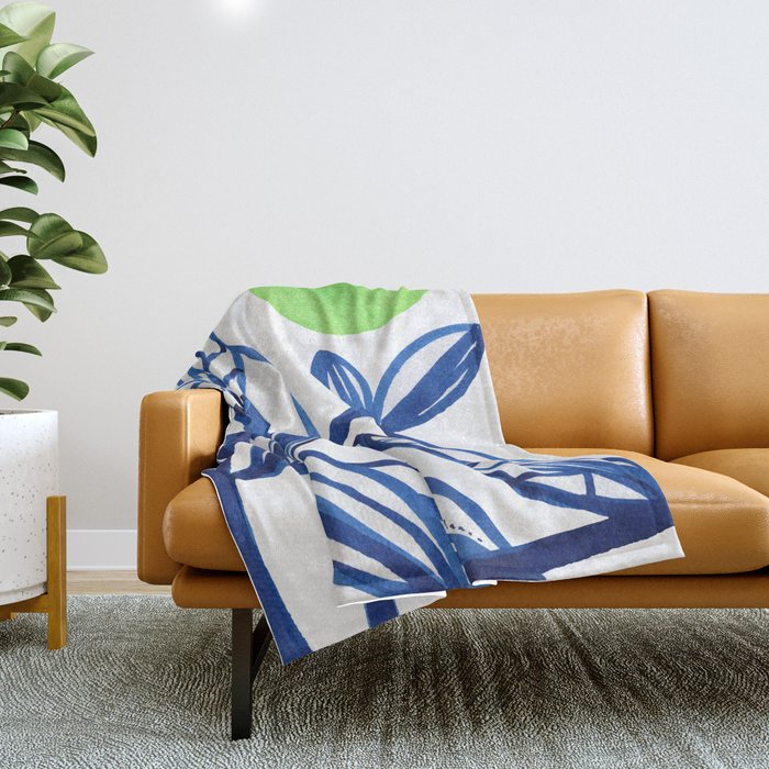 Navy blue and lime green abstract leaves Throw Blanket
