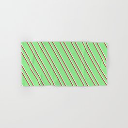 [ Thumbnail: Light Green, Mint Cream & Red Colored Striped Pattern Hand & Bath Towel ]